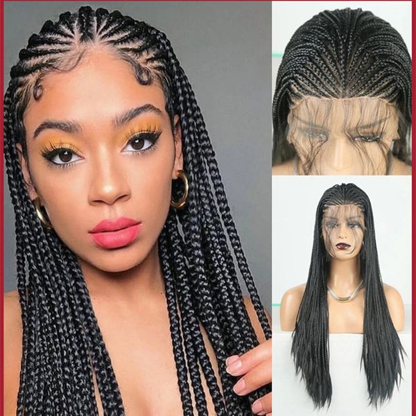 Perruque Lace Front Wig synthétique tressée noire, 30 pouces, perruque frontale en queue de cochon, perruque de Simulation de cheveux humains FX10