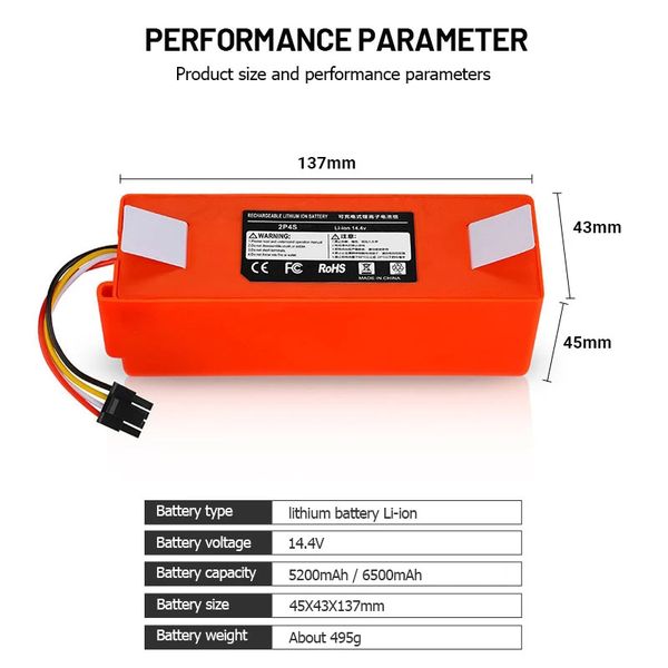 14.4V 6500mAh Batterie de remplacement d'aspirateur pour Xiaomi Robor Roborock S50 S51 S55 Pièces de rechange accessoires 5200mAh