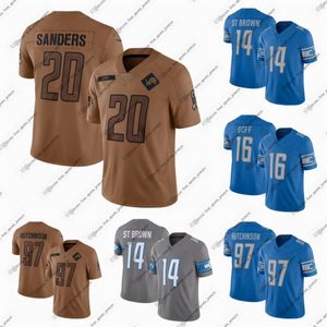 14 Amon-Ra St. Brown voetbalshirts 16 Jared Goff 20 Barry Sanders 97 Aidan Hutchinson vier sporttruien Blauw Rood Wit