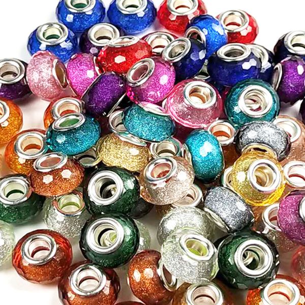 14 couleurs perles de verre face multicolores antiques 925 alliage de couleur argent Tube fit européen 3mm serpent chaîne charmes perle bracelet jonc