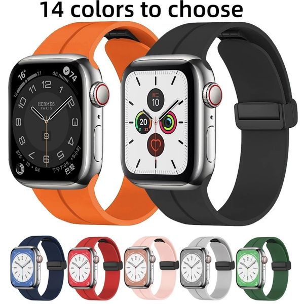 Correa de silicona de 14 colores para Apple Watch Band Ultra 49mm 45mm 44mm 42mm 41mm 40mm 38mm pulsera magnética cinturón iWatch Series 8 7 6 5 4 3 SE banda