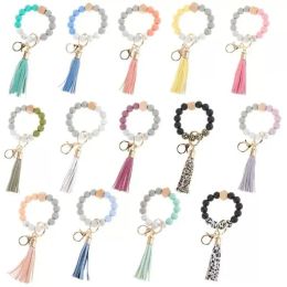 14 couleurs Bracelet Bracelet à file de gland en bois Bracelet Key Chain Food Grade Silicone Beads Bracelets Women Girl Key Key Rague STRAP PART PART
