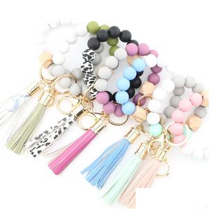 14 couleurs en bois gland perle chaîne bracelet porte-clés de qualité alimentaire perles de sile bracelets femmes fille porte-clés chaîne dragonne pendentif L Dhc5L