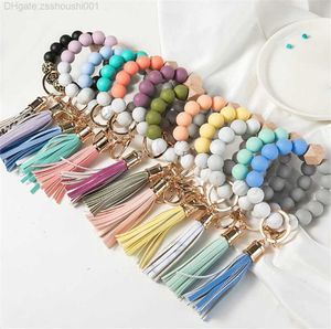 14 kleuren Houten Kwastje Kraal String Armband Sleutelhanger Food Grade Siliconen Kralen Armbanden Vrouwen Meisje Sleutelhanger Polsband db961 OJ6X