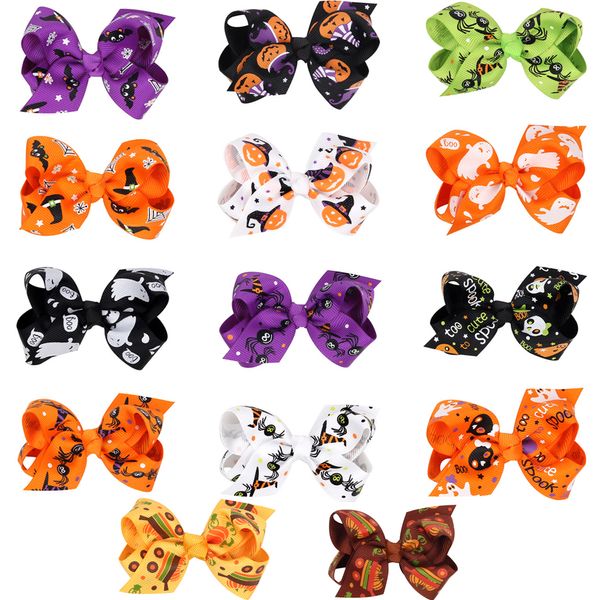 Pasadores de Halloween para bebé, lazos de cinta de grosgrain con clip para niñas y niños, pasador de calabaza fantasma, pinzas para el cabello con molinete para niña, accesorios para horquillas para el cabello QWS008