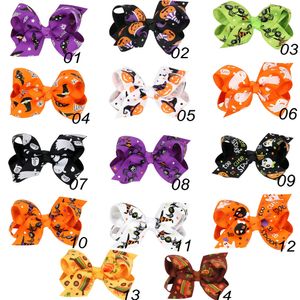 Groothandel 14 ontwerpen 3.15 inch Halloween Cartoon Bat Pumpkin Print Lint Baby Bowknot Haarspeld Kinderhaaraccessoires