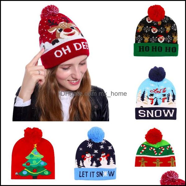 14 Diseños Niños Navidad Luces LED de punto Gorro Santa Claus Elk Copo de nieve Sombrero de invierno Gorros para Adts Party 09 Entrega de gotas 2021 Gorras