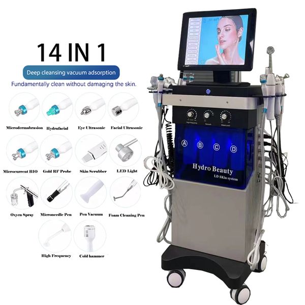 Machine hydrafaciale 14 en 1, hydro-dermabrasion, jet de peeling, microdermabrasion, eau de nettoyage en profondeur, raffermissement de la peau du visage, lifting pour spa, salon, clinique