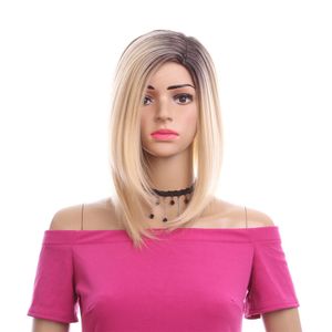 Peluca Bobo recta de 14 pulgadas con parte lateral, peluca sintética rubia Omber, fibra de alta temperatura para mujeres, pelucas de Cosplay