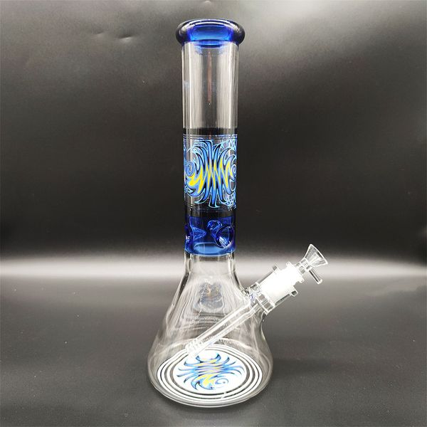 14 pouces Heady Bong Verre Bong Bleu Doodle Masse Peinture Épaisse Épaisse 9MM Épaisseur Congélateur Luxe Narguilé Bong En Verre Dabber Rig Tuyau De Fumée D'eau Avec 14mm