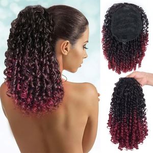 14 inch Ombre Red Drawring Ponytail Extension for Black Women Synthetic Curly Drawring Ponytail Extensions met 2 clips op 240518