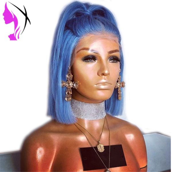 Peluca recta de 14 pulgadas de simulación de cabello humano con encaje sintético frontal de 180 de densidad peluca azul Bob pelucas cortas resistentes al calor para mujeres negras