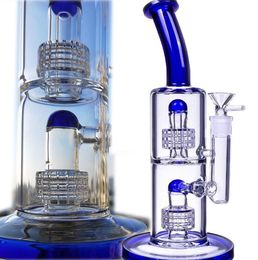 bong de vidrio pipa de vidrio para fumar Hookahs Blue Double Matrix Perc reciclador dab rigs bongs de agua de aceite embriagador con 14 mm banger
