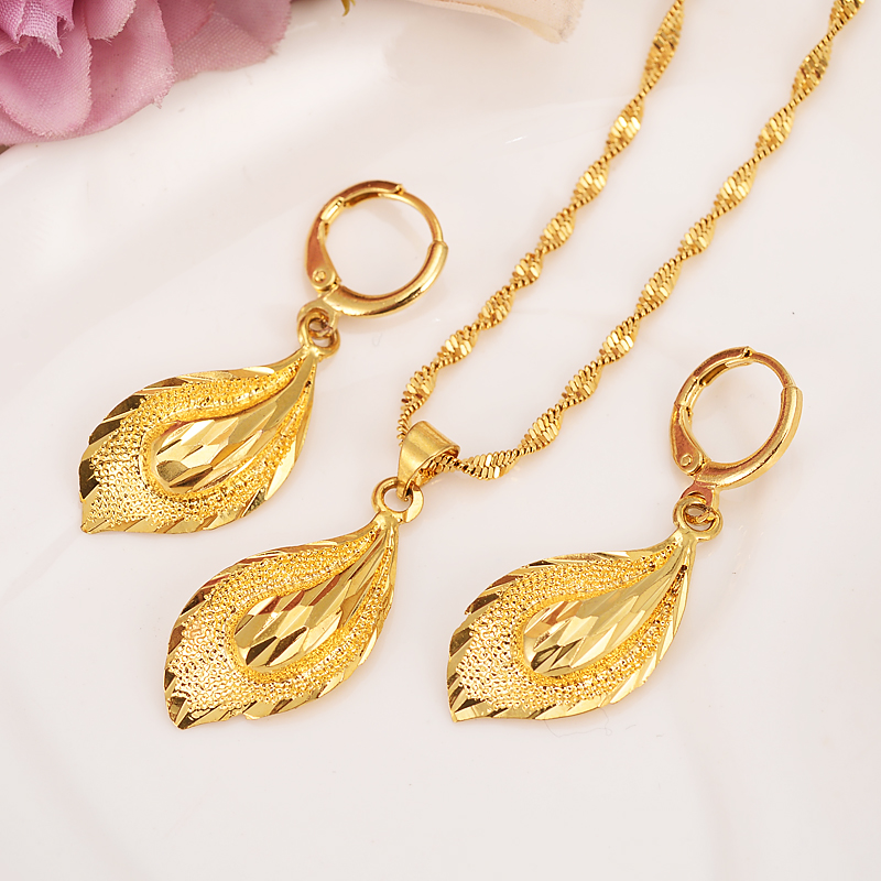 14 K Solid gold GF Necklace Earring Set Women Party Gift big Leaf Sets daily wear mother gift DIY charms girls Fine Jewelry