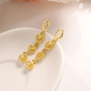 Boucles d'oreilles remplies d'or jaune massif 14 k 3 coeurs connectent l'allongement des femmes grand amour bijoux de mode à la mode africain moyen-orient 289D