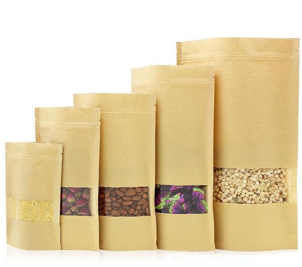 14 tailles Food Moisture Barrier Bags Emballage pochette d'étanchéité Brown Kraft Paper Doypack Pouch avec fenêtre transparente DHL