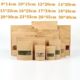 14 Maten Voeding Vochtbestendige Tassen Verpakking Zegel Pouch Bruin Kraft Papieren Tassen Met Transparant Clear Window