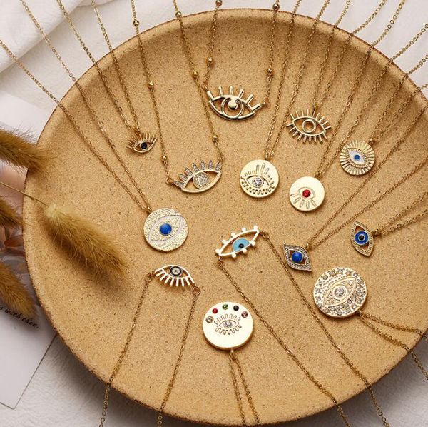7 estilos Collares pendientes de moda Cadena de oro para mujer Rhinestone colorido Lleno de monedas de mal de ojo Nec klaces para mujeres Collar bohemio