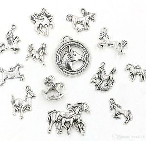 65 uds. Colgantes de abalorios de caballo mixto de aleación de plata antigua para hacer joyas, collar, accesorios DIY