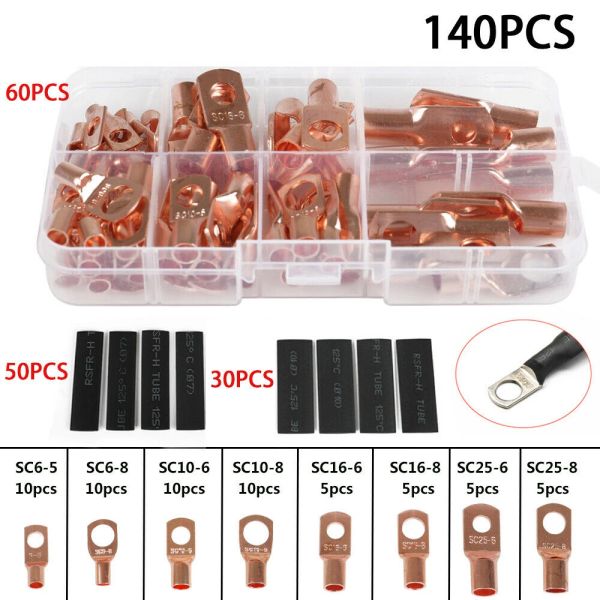 140 piezas Kit de conector de soldadura de autos anillo de cobre Terminal de alambre de alambre de cable desnudo Terminal de batería con tubo de retiro de calor