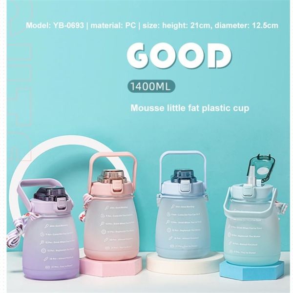 Bouteille d'eau pour filles mignonnes de 1400ML, avec autocollants, paille, grand ventre, pichet de sport, bouilloire pour enfants, outils de sangle, 220509