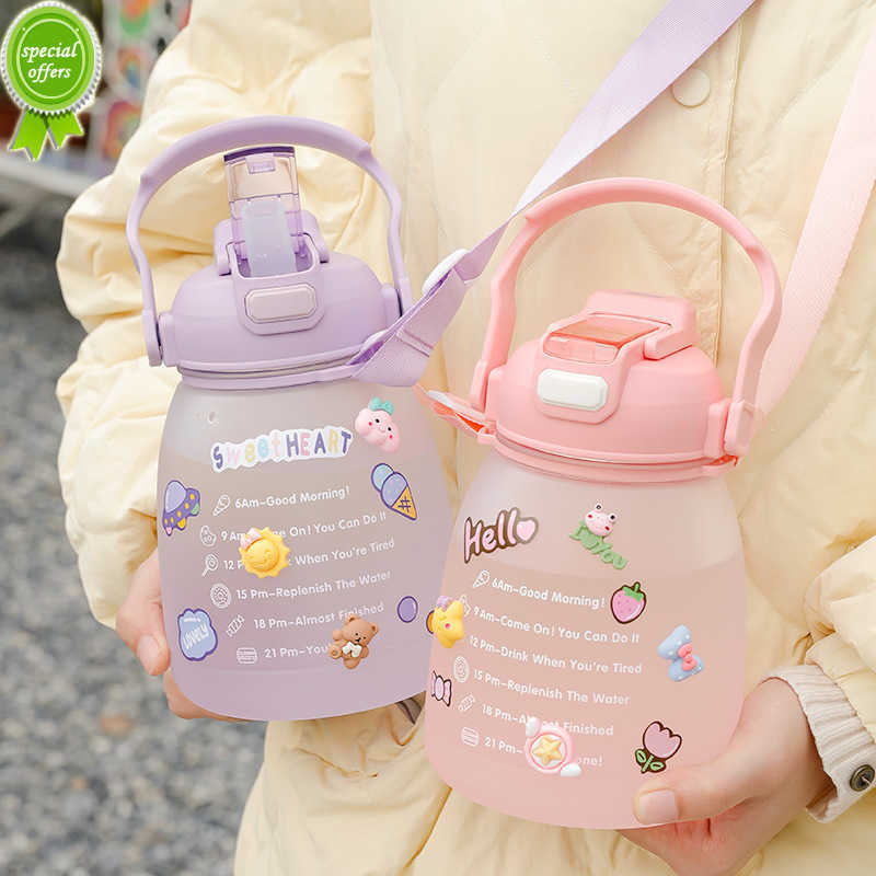 1400 ml süße Mädchen-Wasserflasche mit Aufklebern Stroh Big Belly Cup Sportflasche für Wasserkrug Kinder weiblichen Wasserkocher mit Riemen