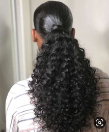 Extensión de cola de caballo trenzada de cabello humano natural grueso de 140g, cordón elástico de cola de caballo de pelo remy marrón negro para mujeres negras