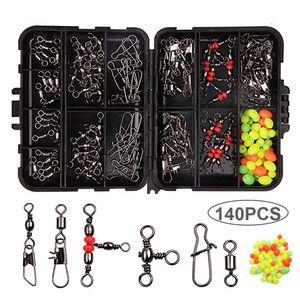 Caja de 140 piezas, kit de equipo de accesorios de pesca con caja de aparejos, broches de presión, rodamiento de bolas, conector giratorio triple, juego de pesca, equipo de pesca de agua dulce y salada