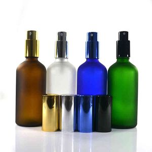 Bouteille de pulvérisation en verre ambre, buse en aluminium givré bleu clair, bouteille de pulvérisation à brume Fine, bouteille d'huile essentielle de parfum, 144 pièces x 100ml