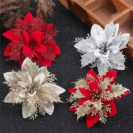 14 cm paillettes artificielles fleurs de noël ornements d'arbre de noël joyeux décorations de noël pour la maison cadeaux de nouvel an Navidad