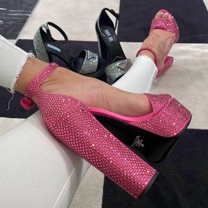 14 cm femmes sandales strass plate-forme diapositives femmes sandales à talons hauts pompes gros bloc sans lacet bout ouvert bride à la cheville chaussures habillées créateurs de luxe chaussures d'usine