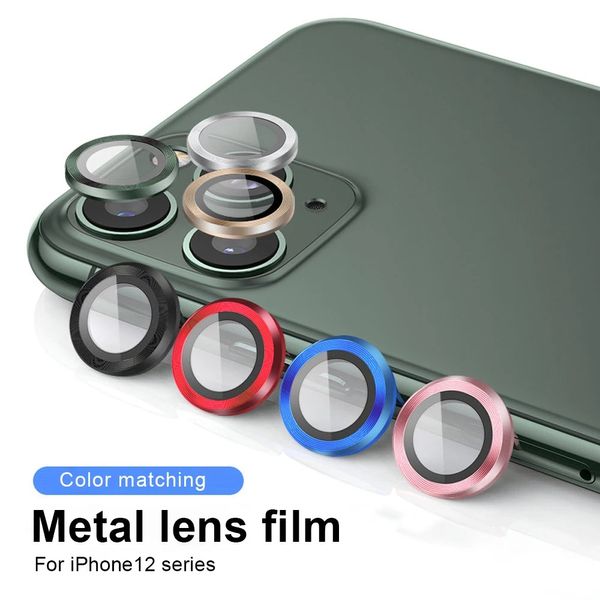 Anneau d'objectif de caméra en aluminium 14 couleurs, couvercle en verre métallique pour iPhone 11 12 Pro Max, protecteur d'écran en verre trempé transparent, étui d'objectif de caméra