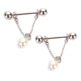 14G 2pcs/lot Nipple Ring Simulated Pearl Nipple Piercing Bars 316L Surgical Steel Body Piercing Jewelry Dangle Piercing for women