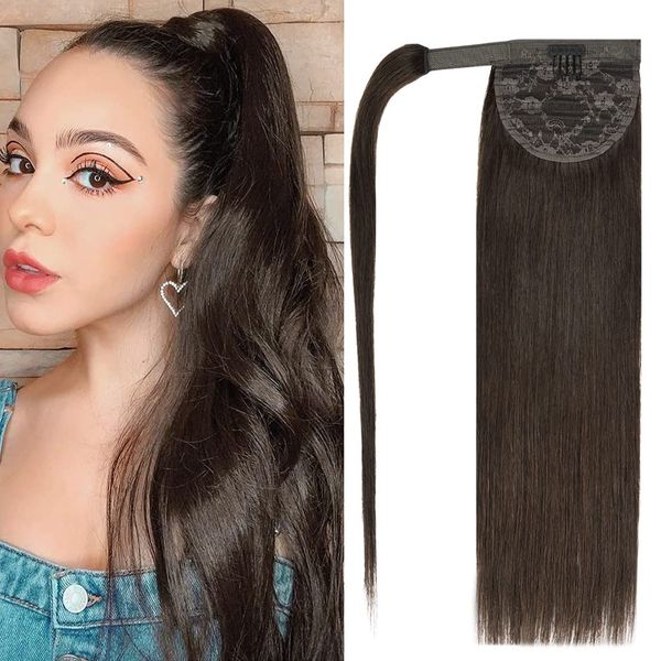 14in Ponytail Extensions #2 100% cheveux humains Remy Wrap Around Long Ponytail Clip in Hair Extensions Straight One Piece Hairpiece (14in, dark brown) 100g