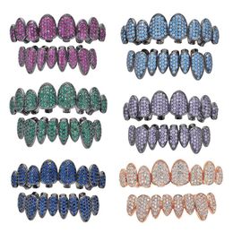 14K coloré CZ dents de vampire Grillz glacé Micro pavé cubique Zircon 8 dents Hip Hop Grill haut bas Grillz Teet vert violet219z