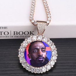 Collier avec pendentif médaillon rond Photo sur mesure 14K, chaîne de Tennis de 3mm, couleur or Zircon, bijoux hip hop pour hommes