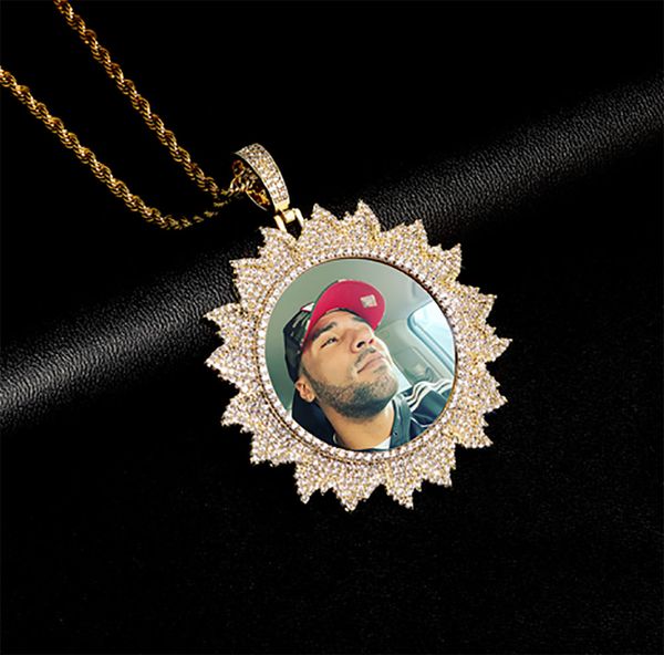 14K Custom Made Photo Médaillons Ronds Pendentif Collier 3mm Corde Chaîne Argent Or Couleur Zircon Hommes Femmes DIY Hiphop Bijoux