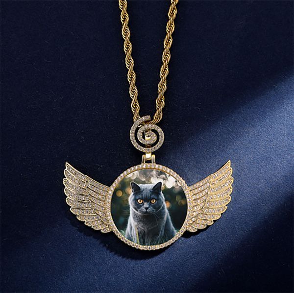 Collier avec pendentif en forme d'ailes et de médaillons pour hommes, sur mesure, en Zircon, couleur or rose, argent, or, bijoux hip hop, 14K