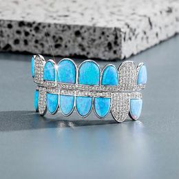 14K CZ Vampire Dents Grillz Glacé Micro Pave Zircon Cubique BLEU Opale 8 Dents Hip Hop Grill Top Bottom Mouth Grills Set avec Sili296E