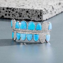 14K CZ Vampire Tands Grillz Iced Out Micro Pave Cubic Zirkon Blue Opal 8 Tooth Hip Hop Grill Top Bottom Mond Grills Set met Sili300D