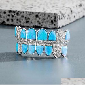 14K Cz Vampire Teeth Grillz Iced Out Micro Pave Cubic Zircon Blue Opal 8 Tooth Hip Hop Grill Top Bottom Mouth Grills Set met Sil Molding Dr