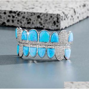 14K Cz Vampire Dents Grillz Glacé Micro Pave Zircon Cubique Opale Bleue 8 Dents Hip Hop Grill Haut Bas Bouche Grills Ensemble Avec Sil Moulding Dr