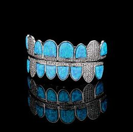 14k Gold CZ Vampier Tanden Grillz Iced Out Micro Pave Cubic Zirkoon Blue Opal 8 Tooth Hip Hop Grill Top Bottom Mond Grillzs Set met Silicon Molding Bar