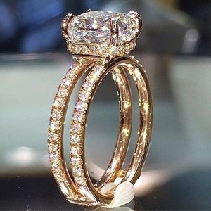 14k or Double diamant couronne bague diamant princesse bagues de fiançailles pour femmes dames bijoux de mode