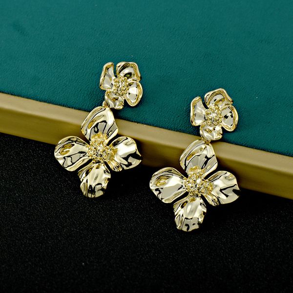 Boucles d'oreilles pendantes à fleurs en or 14 carats pour femmes, personnalité Cool, grande boucle d'oreille en argent 925, bijoux féminins, lustre, pendentif, accessoires