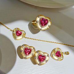 14K Gold Heart Ruby Diamond Jewelry Set 925 Sterling Silver Wedding Bracelet Rings Oorringen ketting voor vrouwen bruidsjuwelen