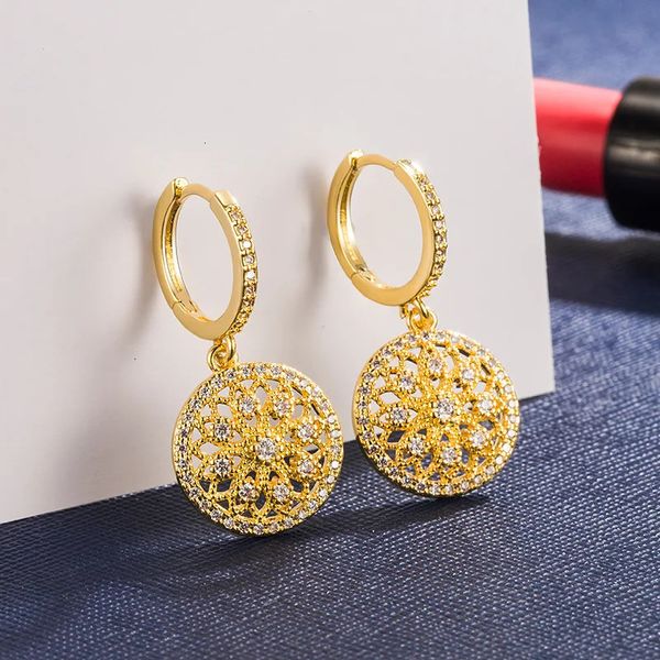 Boucles d'oreilles creuses en or 14K pour femmes, boucle d'oreille en maille ronde, Aros Mujer Oreja Orecchini Bizuteria, boîte de boucles d'oreilles jaunes 14 K 240228