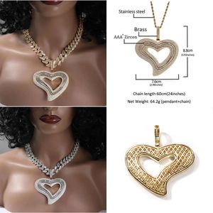 14K Goud Iced Out Big Size Hollow Pendant Necklace Bling Micro Pave Cubic Zirconia Simulated Diamonds Icy Heart Cubaanse ketting Oorspronkelijke kwaliteit