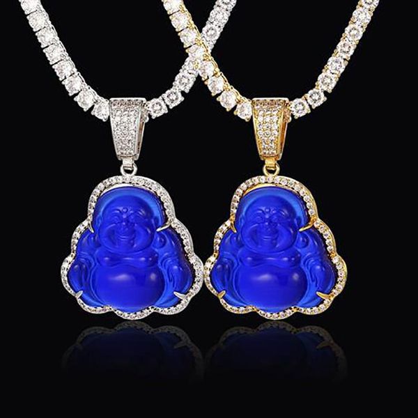 Collier pendentif Bouddha glacé en or 14 carats Bling Micro Pave Zircone cubique diamants simulés avec chaîne de tennis de 3 mm 24 pouces303T