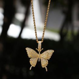 14K Goud Iced Out Butterfly Pendant ketting Micro Pave kubieke zirkonia kleurrijke diamanten vlinder hanger 3 mm 24inch touw ketting230i